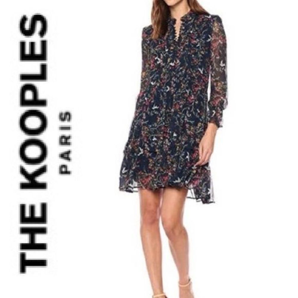 The Kooples Navy Blue Bird Silk Chiffon Dress long sleeve Size medium